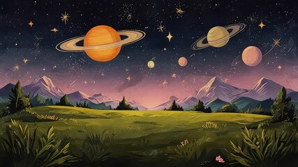 Naklejka premium The space illustration from earth with the landscape view