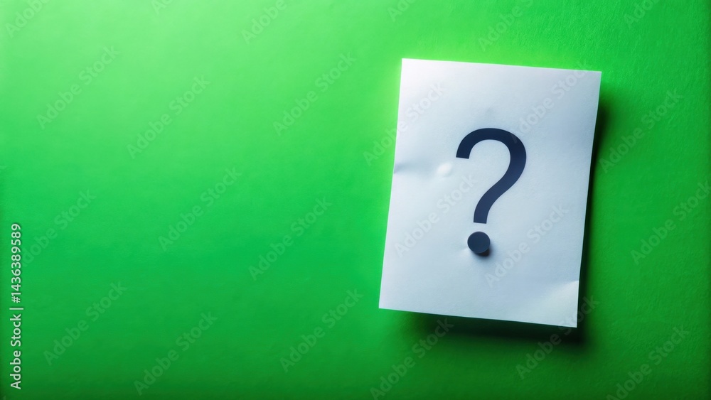 Poster a simple question mark on a crumpled white paper against a vibrant green background