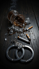 Spilled Liquor, Cigarettes, and Handcuffs on Dark Wooden Surface.