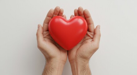 Obraz premium Close-up of hands holding a red heart symbol, soft natural light, white background, concept of gratitude and saving lives, minimalistic and emotional