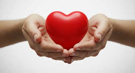 Obraz premium Close-up of hands holding a red heart symbol, soft natural light, white background, concept of gratitude and saving lives, minimalistic and emotional