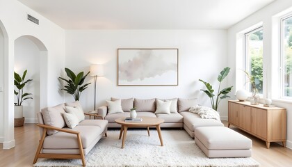 The modern living room is furnished with sleek, clean lined furniture in neutral tones, accented with geometric patterns and pops of color for added visual interest