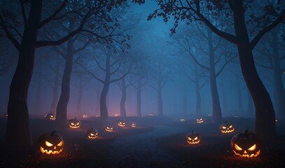 A cinematic Halloween forest scene at night, with glowing jack-o'-lanterns and dense fog among twisted trees, creating a dramatic and mysterious mood.