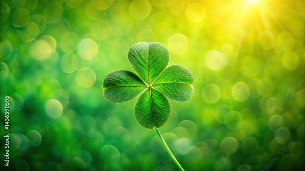Poster vibrant green four-leaf clover basking in sunlight against a soft bokeh background