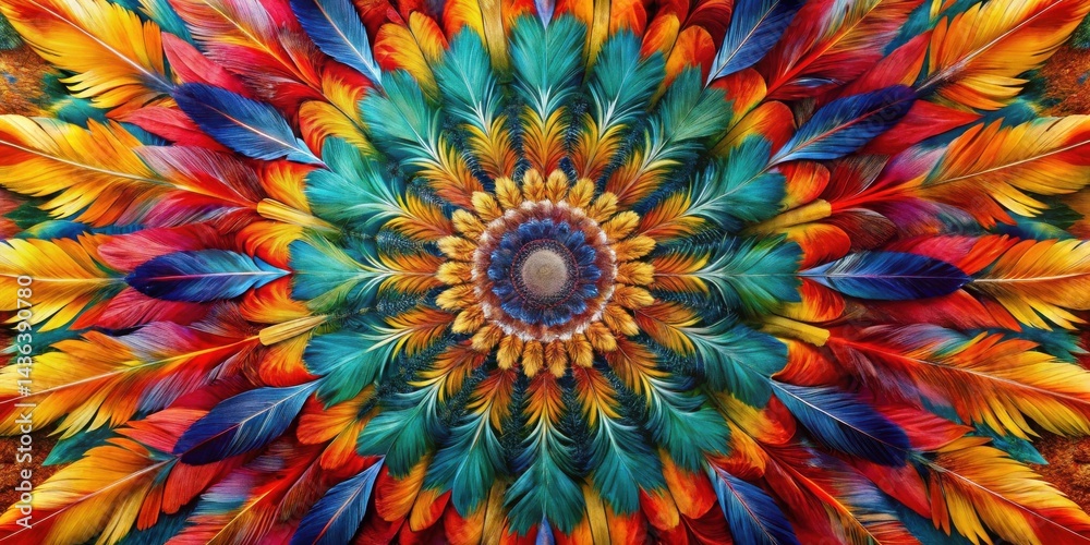 Fototapete vibrant mandala of vividly colored feathers arranged in a symmetrical pattern creating a stunning vi