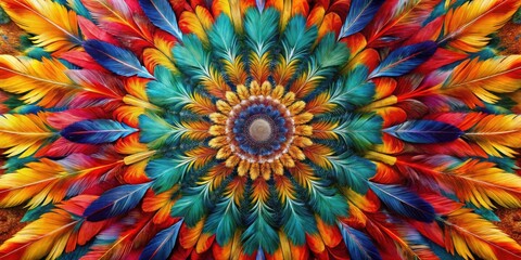 Vibrant Mandala of Vividly Colored Feathers Arranged in a Symmetrical Pattern Creating a Stunning Visual Tapestry