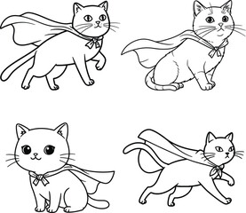 Illustration of cats line art, wearing a super hero cape