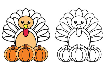 Cartoon Turkey with Pumpkins in Color and Outline for Autumn