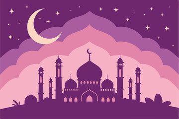  Islamic cityscape vector with crescent moon and starry night sky in a mystical silhouette black Arabian Nights style