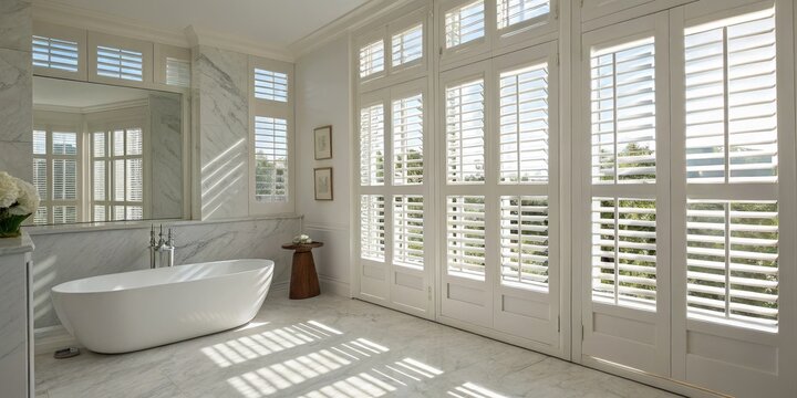 Fototapeta Sunlit Bathroom with White Shutters and Freestanding Tub,Interior Design,Bathroom Decor Bathroom design, window treatments