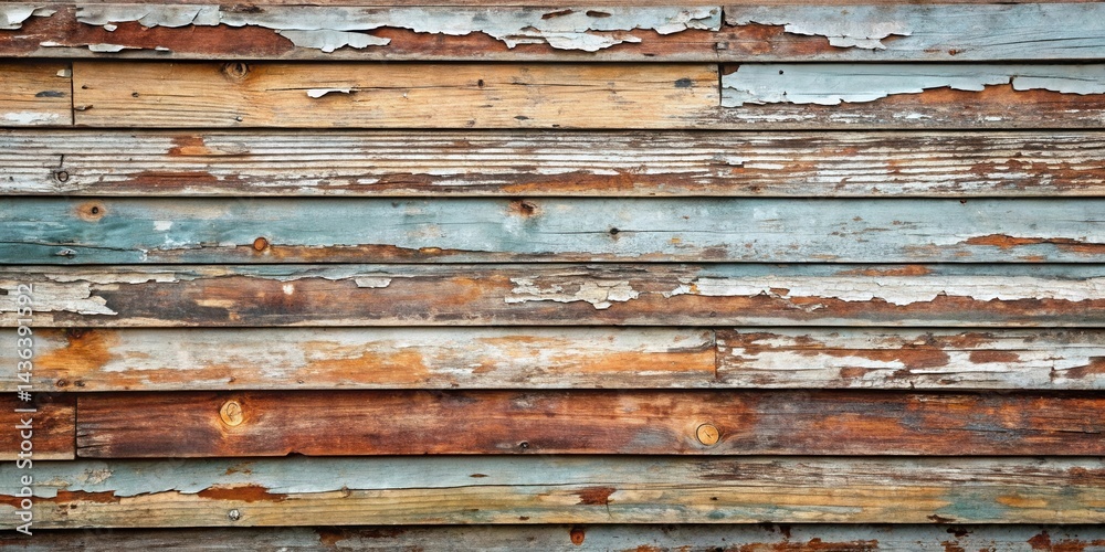 Poster aged weathered horizontal wooden planks with peeling paint and knots, showing rustic texture and tim