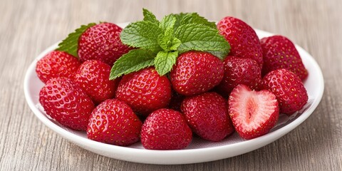 Healthy lifestyle with nutrition positivity idea. Fresh strawberries in a white dish with mint garnish.