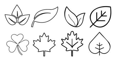 A collection of eight different leaf outlines in black and white vector format for design elements
