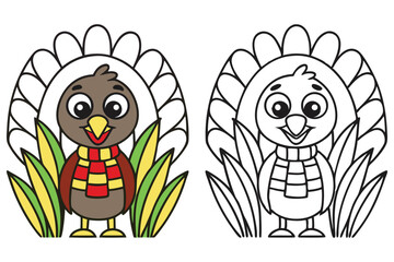 Cute Cartoon Turkey with Scarf Color and Outline Version Cartoon Icon