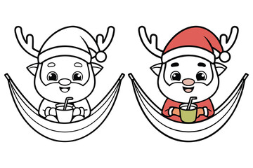 Reindeer Cartoon Relaxing in Hammock with Drink, Color and Outline Versions