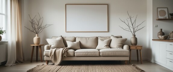 serene living room ambiance with cozy couch, pillows, and blanket