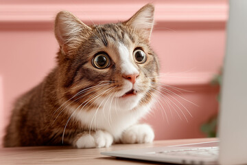 A cat looking frightened on a pink background 