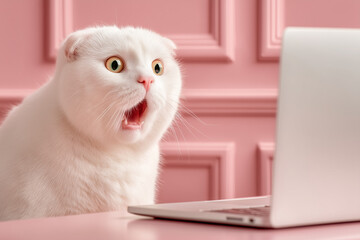 A cat looking frightened on a pink background 