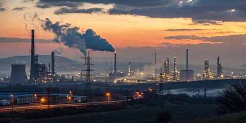 Obraz premium Sunset Industrial Landscape Wide Shot Composition, Oil Refinery at Dusk, Pollution, Environmental Impact, Energy Production Pollution, Refinery