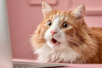 A cat looking frightened on a pink background 