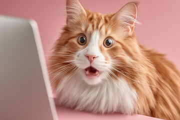 A cat looking frightened on a pink background 