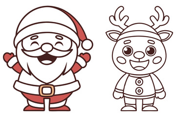 Smiling Santa Claus and Reindeer Outline Style On White Transparent Background