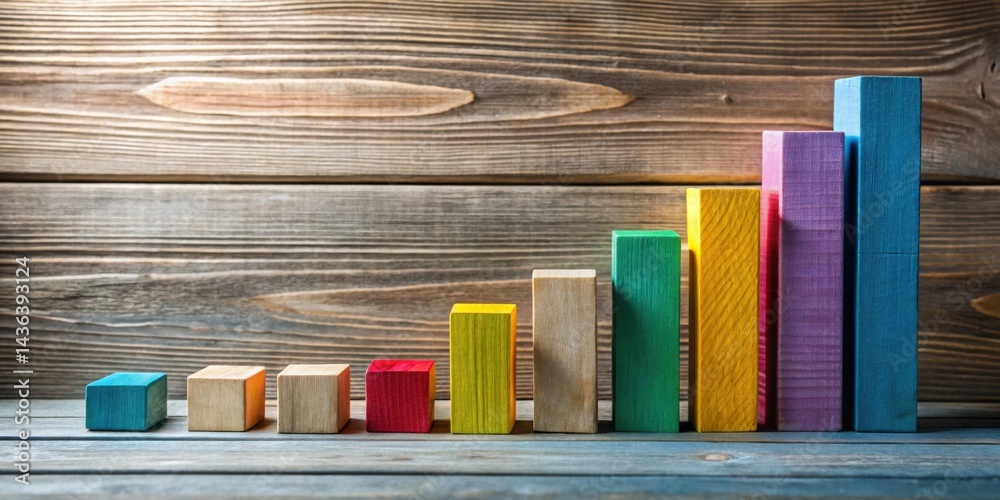 Poster ascending colorful wooden blocks on rustic wood background representing growth and progress