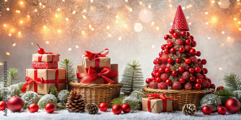 Poster festive winter scene with decorated miniature christmas tree and wrapped gifts in wicker baskets sur