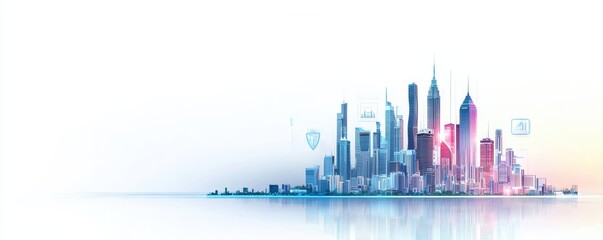 Obraz premium A modern city skyline with tall skyscrapers, digital elements, and a futuristic, minimalistic design reflected on a white background.