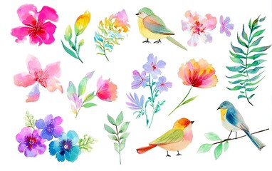 Fototapeta premium Watercolor floral and bird clipart set, spring flowers, simple white background, colorful.