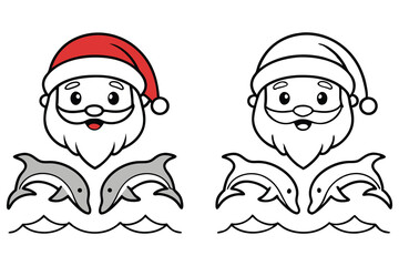 Two Cartoons Santa Claus with Dolphins and Ocean Waves Christmas Theme Drawing