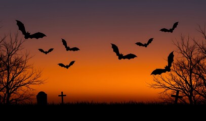 A minimalist Halloween background with bat and tree silhouettes against a vivid orange sunset, perfect for modern, clean design projects.