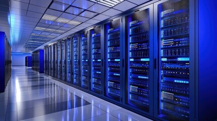 Futuristic server room with rows of blue glowing server racks, polished floors, and modern lighting, ideal for technology websites, cloud computing ads, and IT service promotions