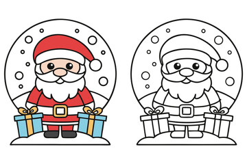 Cartoon Santa Claus Standing with Presents in Colored and Outline Versions Isolated