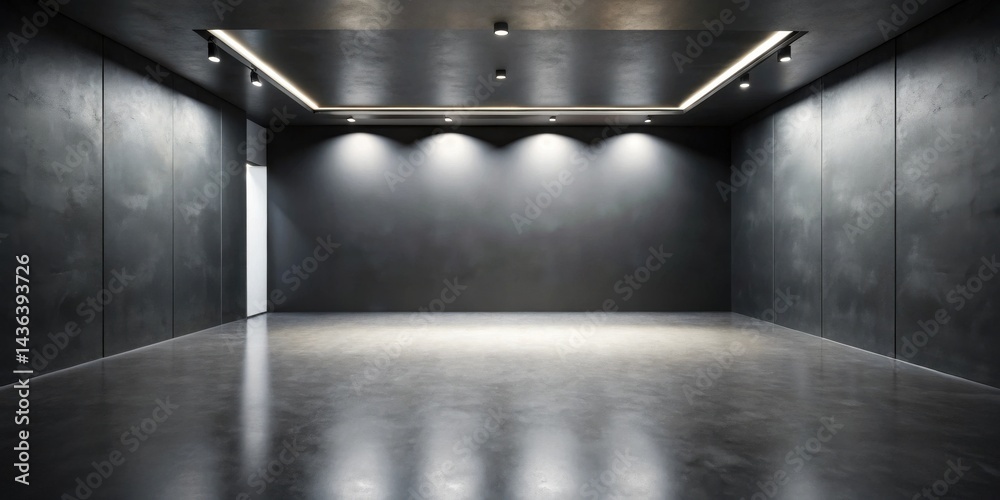 Fototapete empty modern room with dark walls and polished floor, illuminated by recessed lighting, offering a m