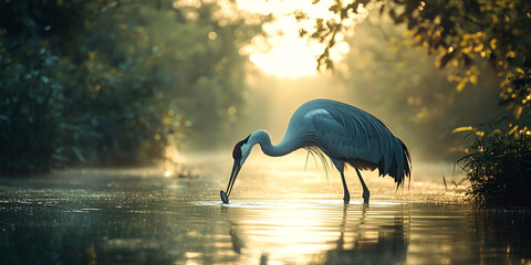 Crane Fishing in Morning Light | Wildlife in Natural Habitat
