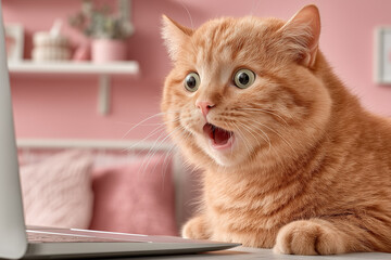Fototapeta premium A cat looking frightened on a pink background 