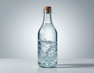 Clear Glass Bottle with Water and Bubbles on Gray Background