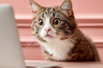 Fototapeta premium A cat looking frightened on a pink background 