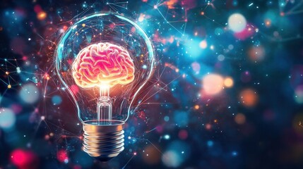 Illuminated brain inside lightbulb, network background; idea concept