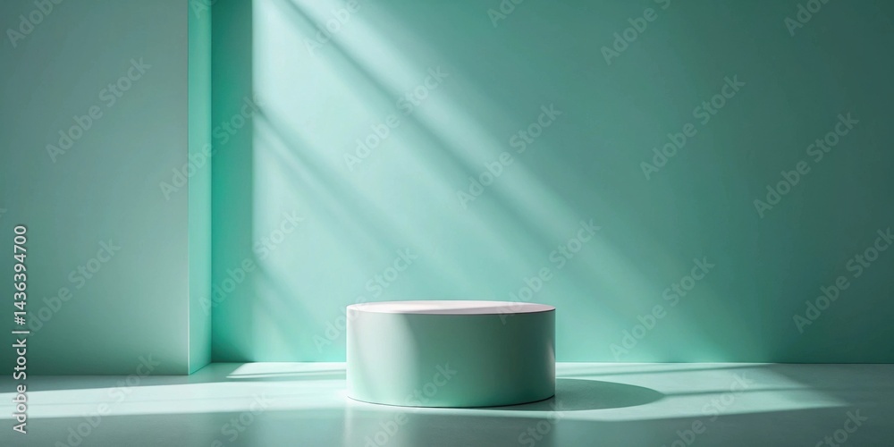 Aufkleber minimalist pale green studio scene with cylindrical display platform illuminated by sunlight