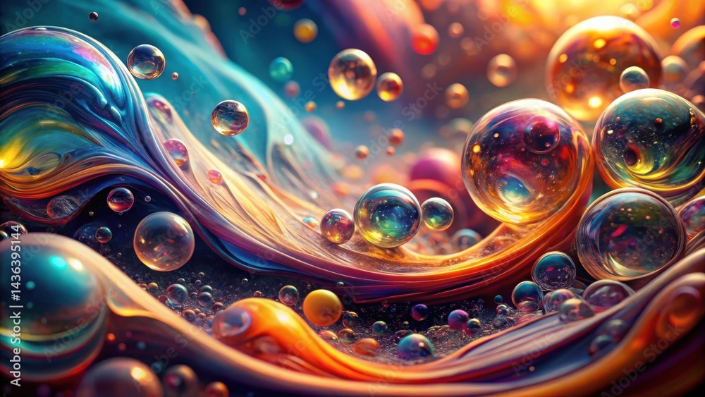 Poster abstract colorful spheres floating on a swirling, iridescent wave of paint
