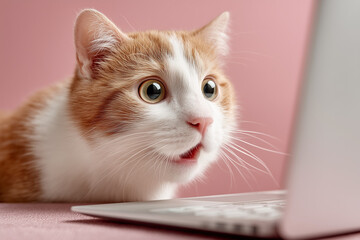 A cat looking frightened on a pink background 
