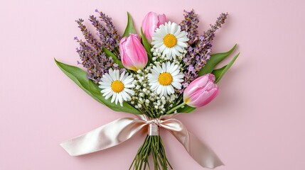 Obraz premium Rustic bouquet of daisies, pastel pink tulips, and lavender with babyâ€™s breath, tied with a satin ribbon, diagonally aligned on a pale blush pink background with spacious negative space.