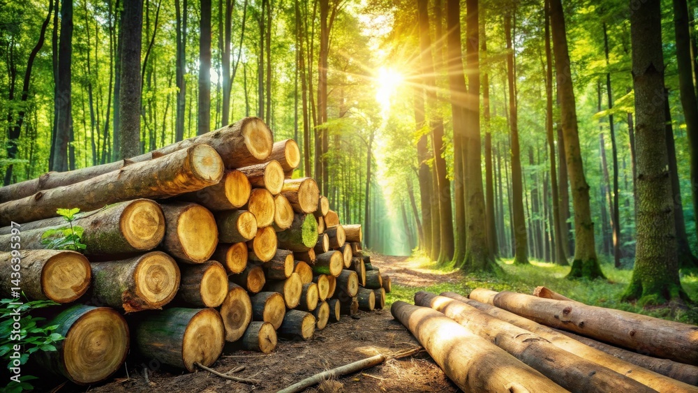 Aufkleber Sunlit Forest Path with Stacked Logs and Timber