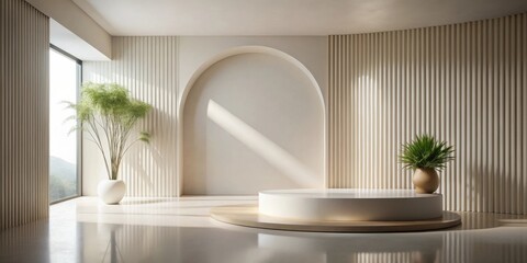 Minimalist interior design featuring a circular display platform, arched wall detail, and potted plants in a sunlit room