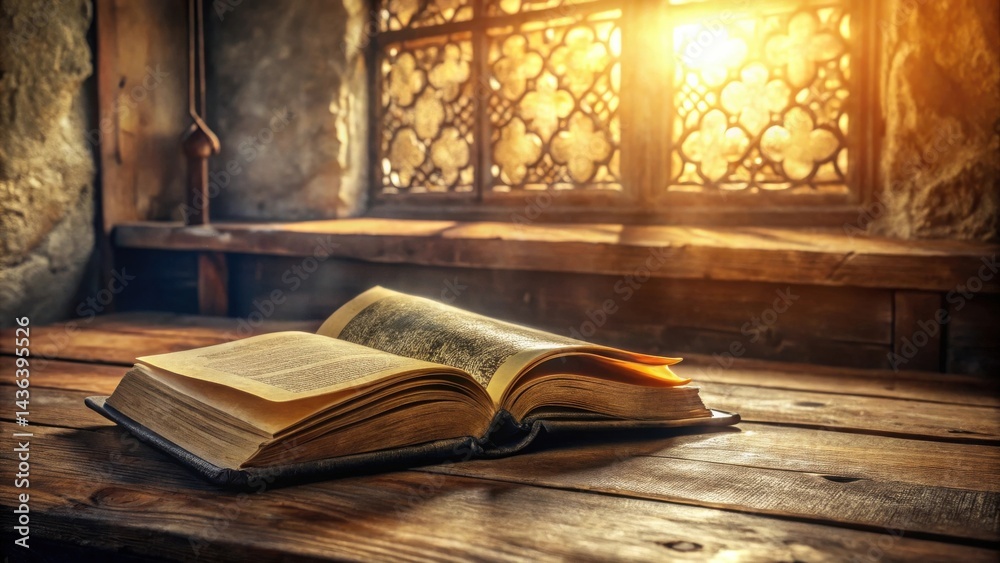 Poster an ancient tome rests open on a rustic wooden table, bathed in the golden light streaming through an