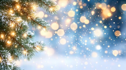 Naklejka premium Winter Wonderland Lights: Sparkling Christmas lights adorn a snow-dusted pine branch, creating a magical winter scene.