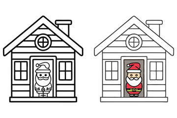 Santa in House Coloring Page Cartoon Line Art with Door and Window