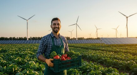 Smiling farmer holding a crate of fresh vegetables in an organic farm with solar panels and wind turbines in the background at sunset. Sustainable farming concept.